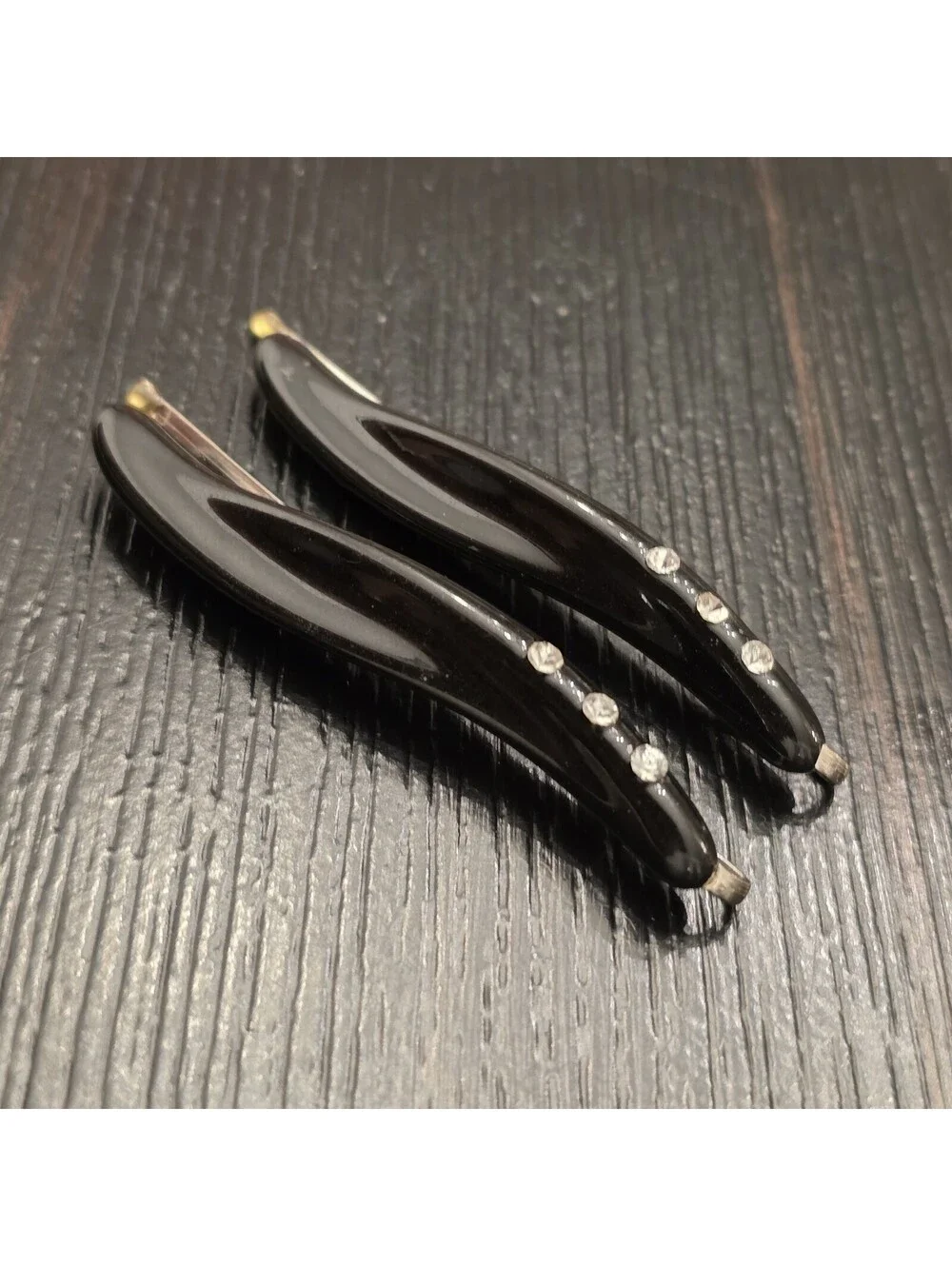 Vintage Black Lucite Hair Barrettes Rhinestone Accent French Slide Clips 2pcs